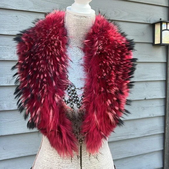 Red Fuchsia Fur Shawl Stole Collar Vest Festival Burning Man Victorian Steampunk - Picture 3 of 7